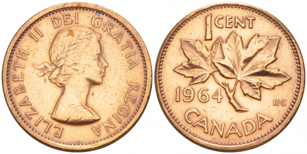 Канада 1 цент 1964 Елизавета II (1952-2022), кленовый лист KM 49 бронза 4547-1111