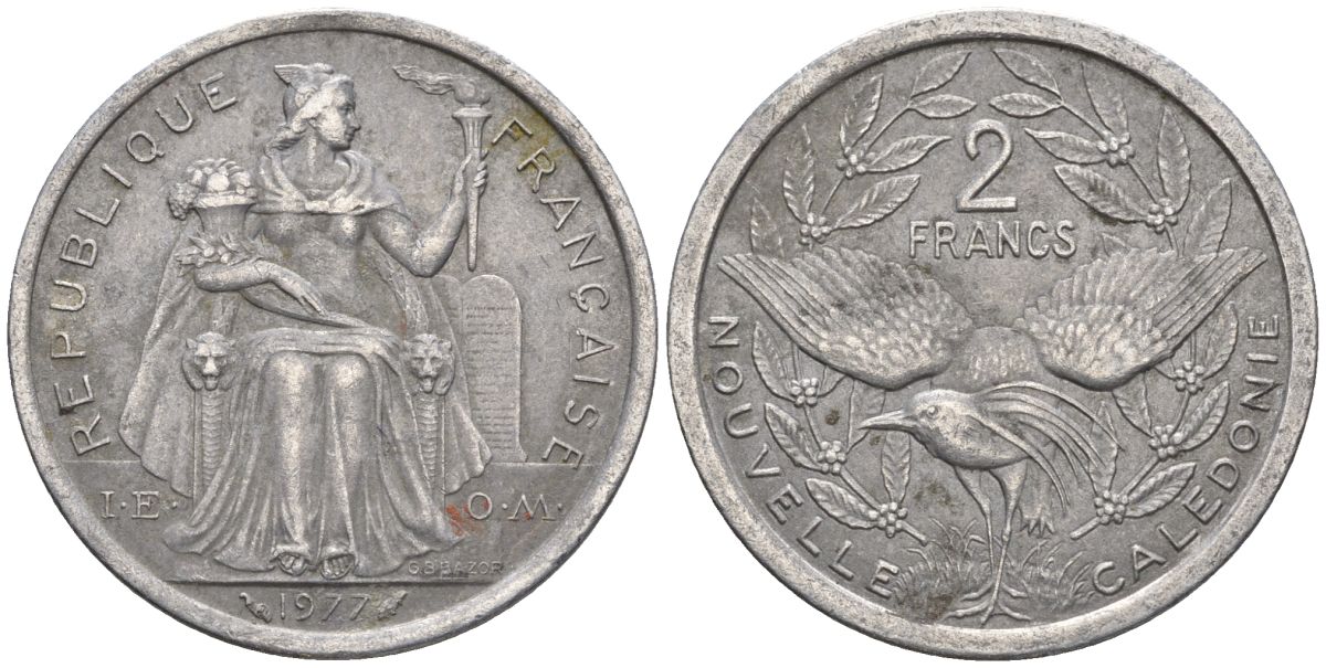 Французская Новая Каледония 2 франка 1977 птица кагу, (IEOM) KM 14, Schoen 11, Lec 58 алюминий    08-646