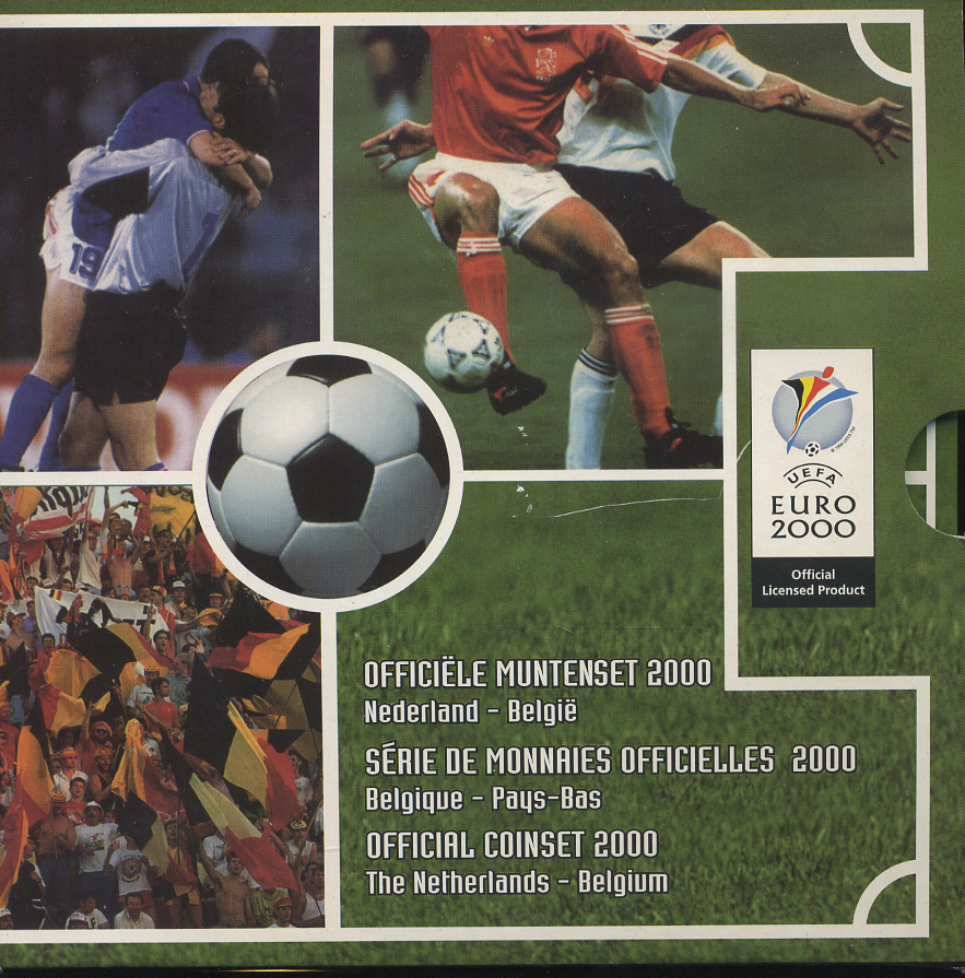 Бельгия набор из 3 монет + жетон 2000 Belgie-Belgique + 5 гульденов Нидерланды 2000 год, чемпионат мира по футболу, FIFA, в оригинальном картонном буклете KM PS 7 PROOF 6-6-2-21