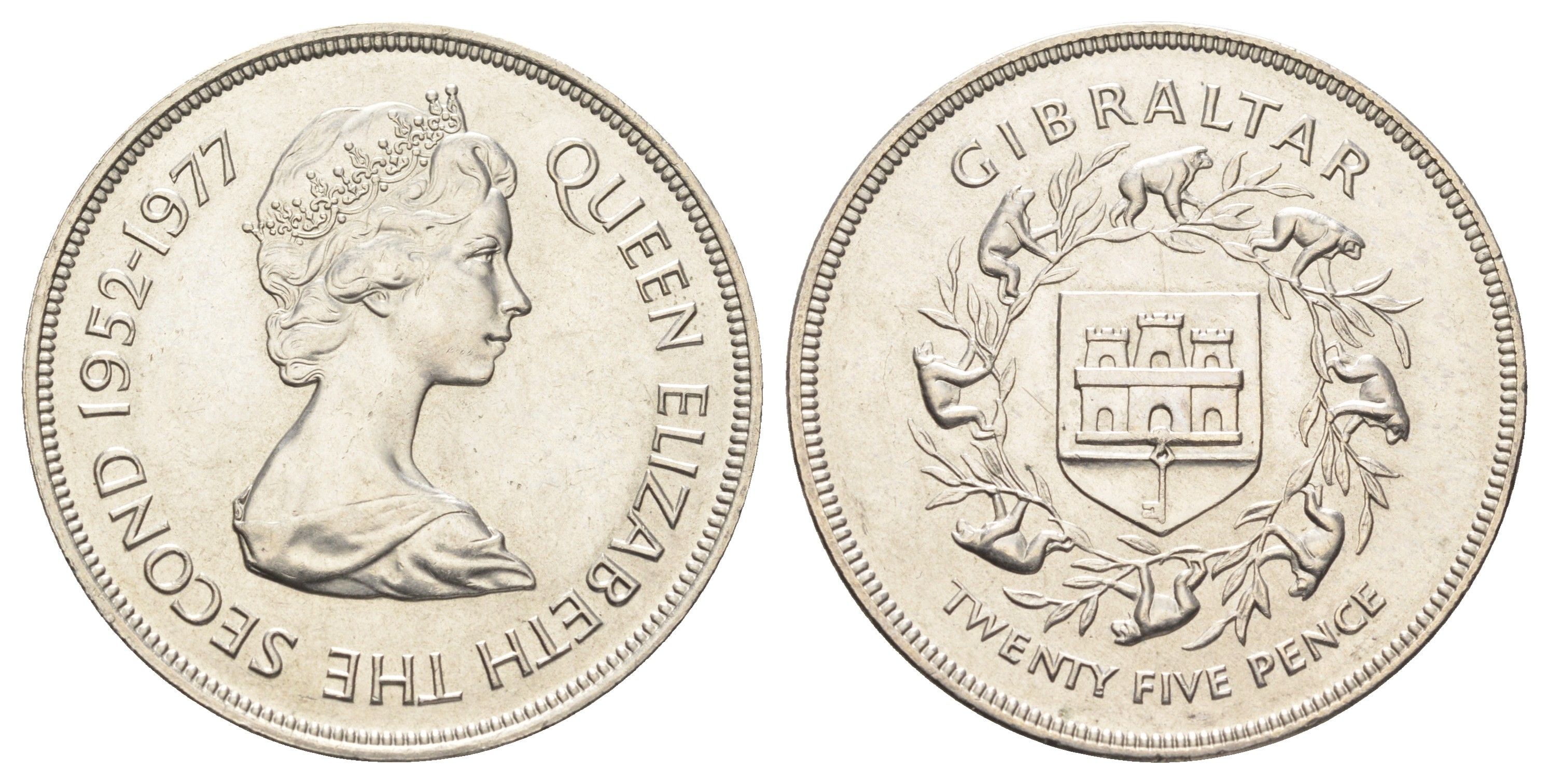 Гибралтар 25 новых пенсов 1977 25 лет правлению Королевы Елизаветы II KM 10 медно-никель UNC 11-176-45
