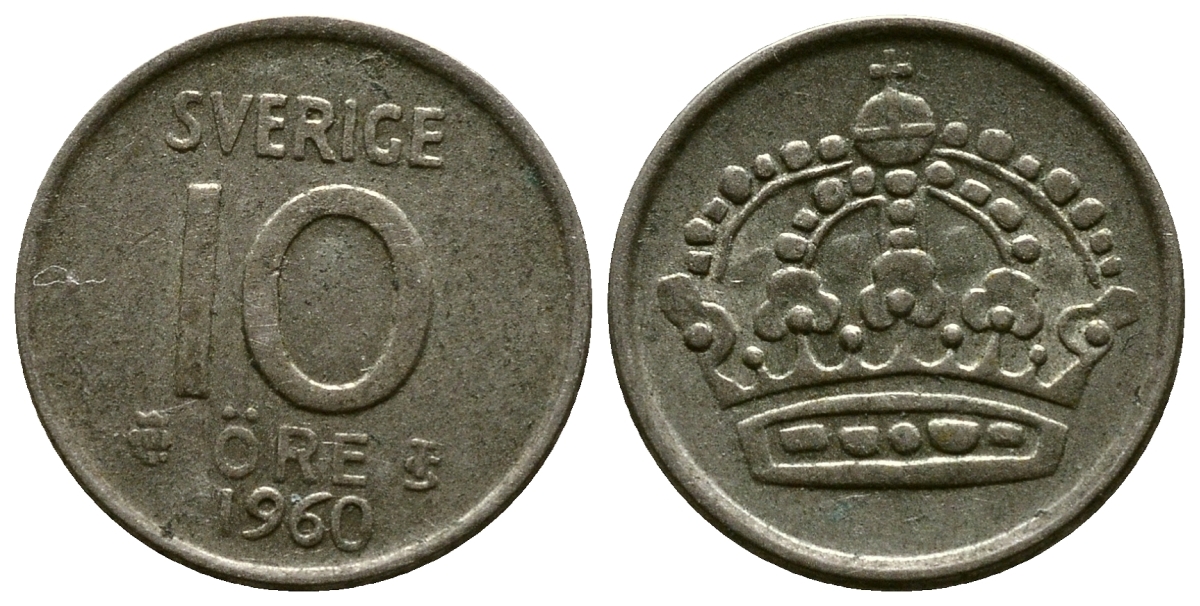 Швеция 10 эре 1960 T;S, Густав VI Адольф (1950-1973) KM 823 серебро 3334-233