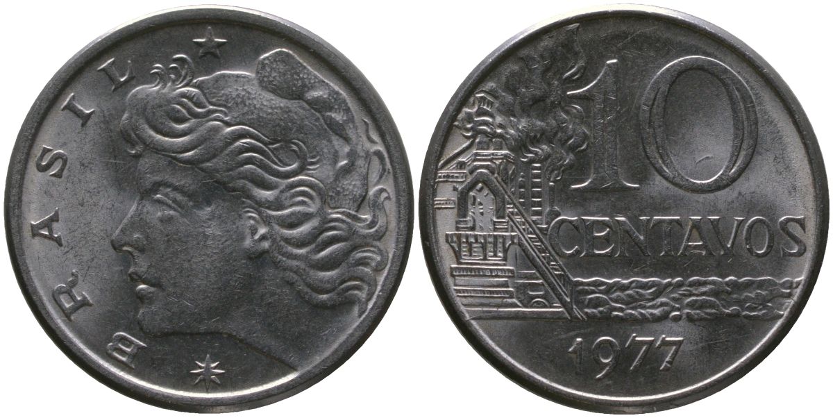 Бразилия 10 сентаво 1977 KM 578.1a, Schon 83b нержавеющая сталь 4577-1246