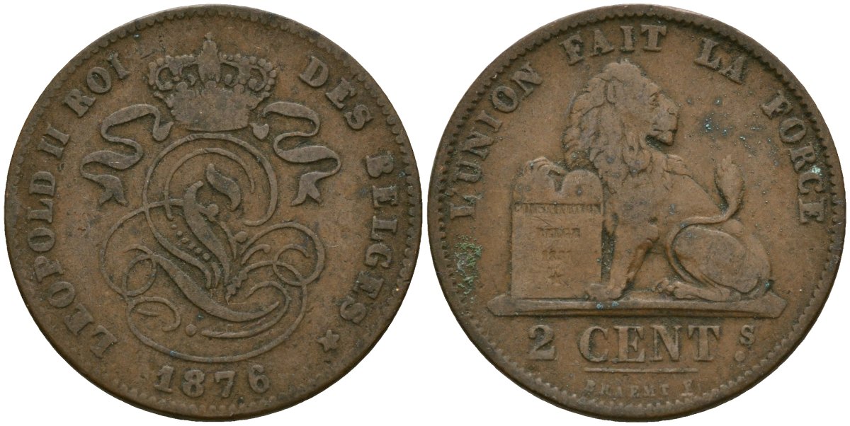 Бельгия 2 сантима 1876 Belges KM 35 медь 4135-947