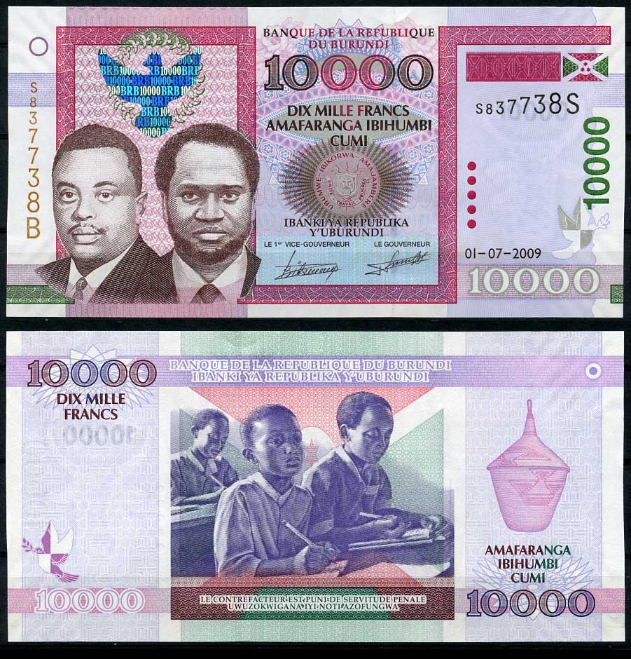 Бурунди 10000 франков 2009 принц Рвагасоре, президент Мельхиор Ндадайе, школа Pick 49 a  бумага  UNC (пресс) 451-231-2