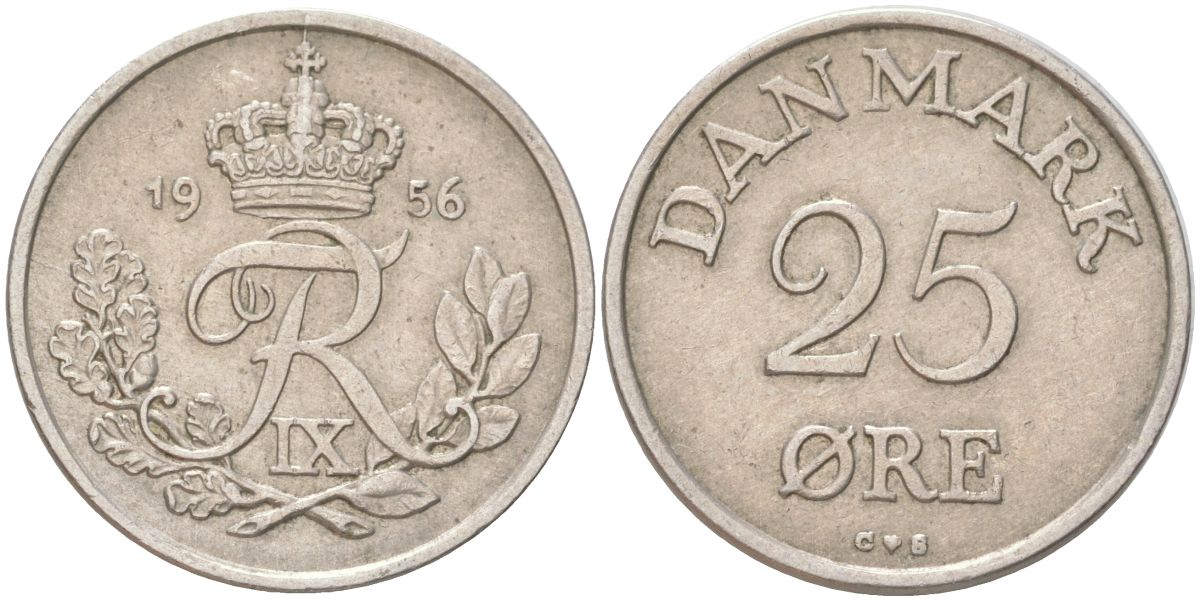 Дания 25 эре 1956 N; S, Фредерик IX (1947-1972) KM 842.2 медно-никель 4159-611