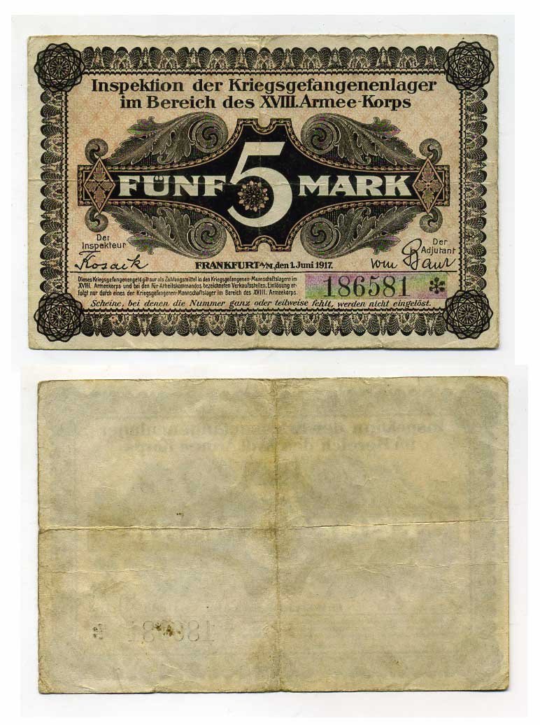 Германия 5 марок 1917 инспекция лагерей военнопленных в Франкфурте на Майне, XVIII-ий Армейский корпус C-2960 бумага 504-83-3-2