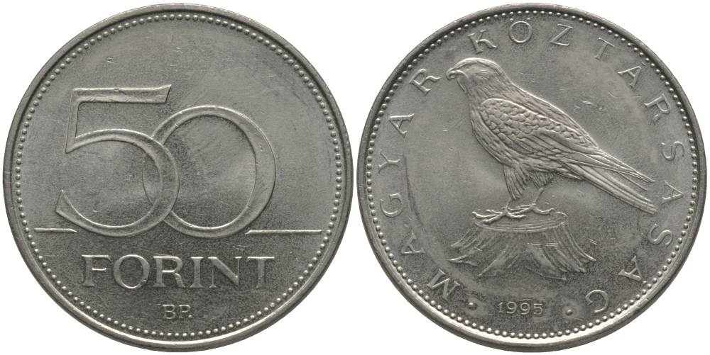 ВЕНГРИЯ 50 ФОРИНТОВ 1995 ПТИЧКА KM 697 латунь плакированная медно-никелем UNC 181-752