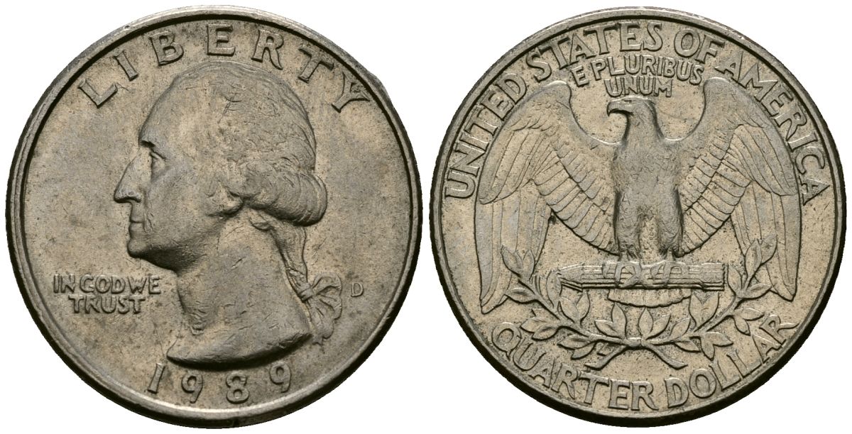 США 25 центов = квотер 1989 D KM 164a медь плакированный медно-никелем 4138-1022