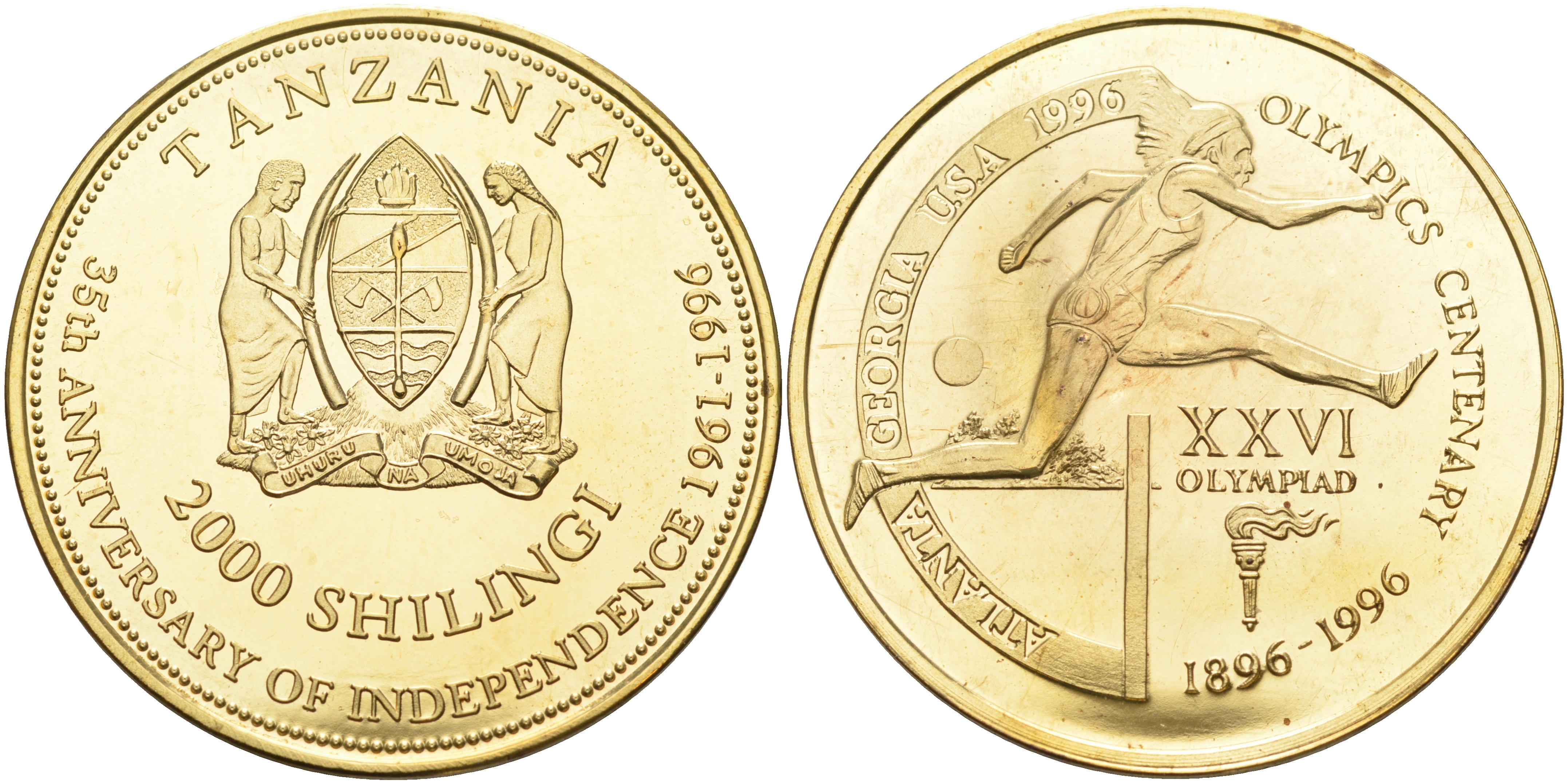 Танзания 2000 шиллингов 1996 XXVI Олимпийские игры 1996 года в Атланте, 100 лет Олимпийскому движению, бег с барьерами, пробник, гладкий гурт латунь PROOF 06-135-34