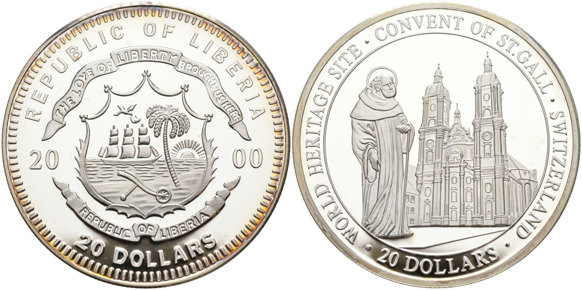 Либерия 20 долларов 2000 серия объекты всемирного наследия, монастырь святого Галла в Швейцарии серебро PROOF 11-155-23