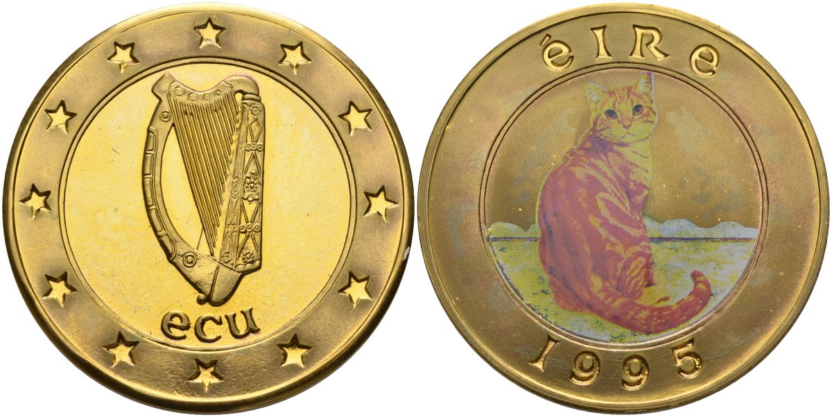 Ирландия 1 экю 1995 рыжая кошка, цветная эмаль, позолота, тираж 100 экземпляров PROOF 00-000-00