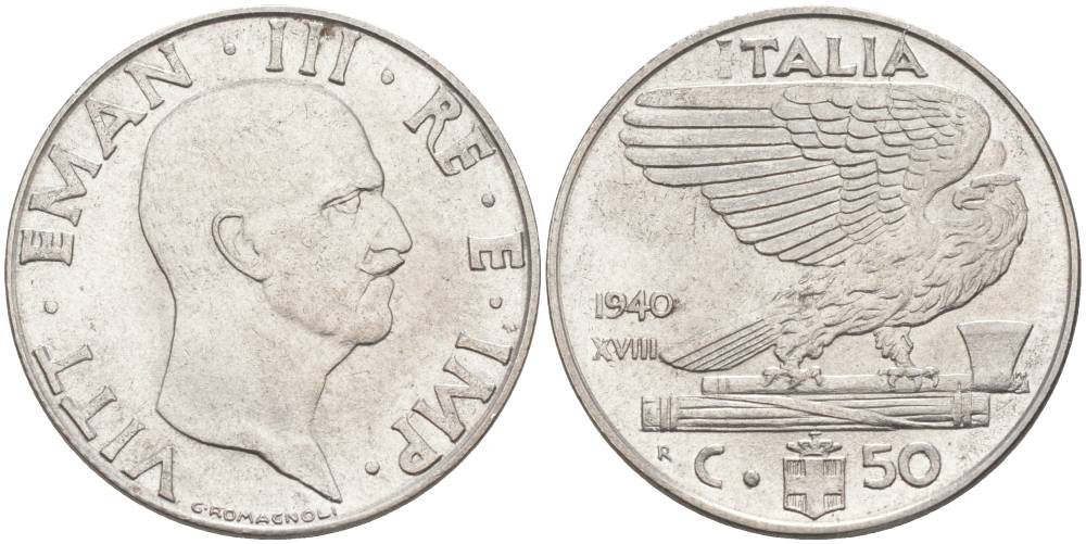 ИТАЛИЯ 50 ЧЕНТЕЗИМО 1940 R, ГОД XVIII, ВИКТОР ЭММАНУИЛ III (1900-1946), МАГНИТНАЯ, ГУРТ РИФЛЁНЫЙ KM 76b, VEM3. 1061 нержавеющая сталь 3853-313