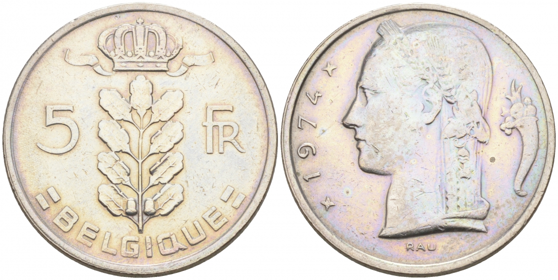 БЕЛЬГИЯ 5 ФРАНКОВ 1974 BELGIQUE KM 134.1 медно-никель 68-642
