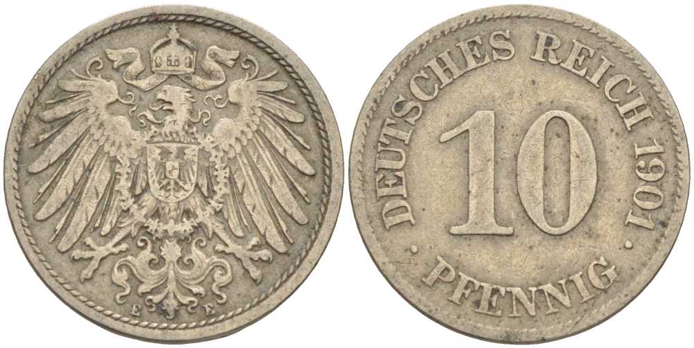 ГЕРМАНИЯ 10 ПФЕННИГОВ 1901 E KM 12, J. 13 медно-никель 4401-1224