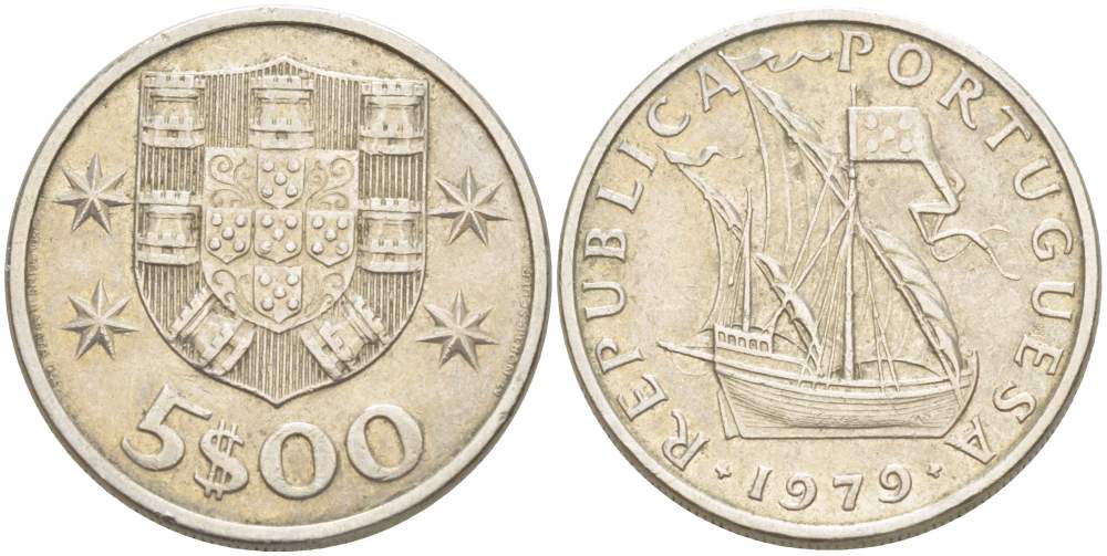 ПОРТУГАЛИЯ 5 ЭСКУДО 1979 ПАРУСНИК KM 591 медно-никель 4523-551