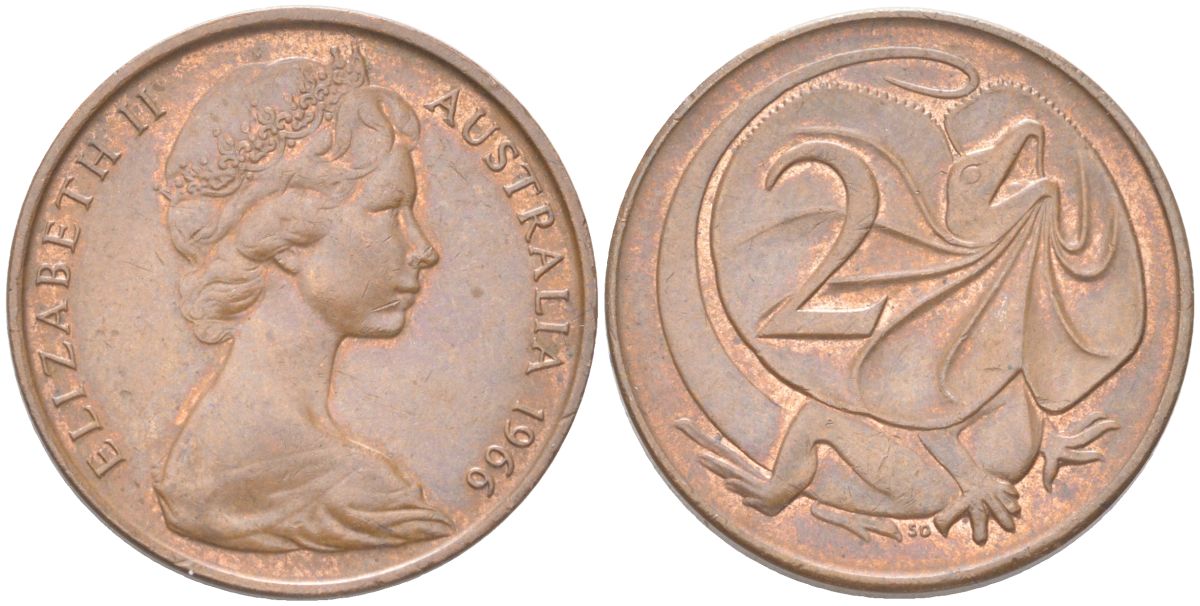 Австралия 2 цента 1966 Елизавета II (1952-2022), плащеносная ящерица KM 63 бронза 4621-1066