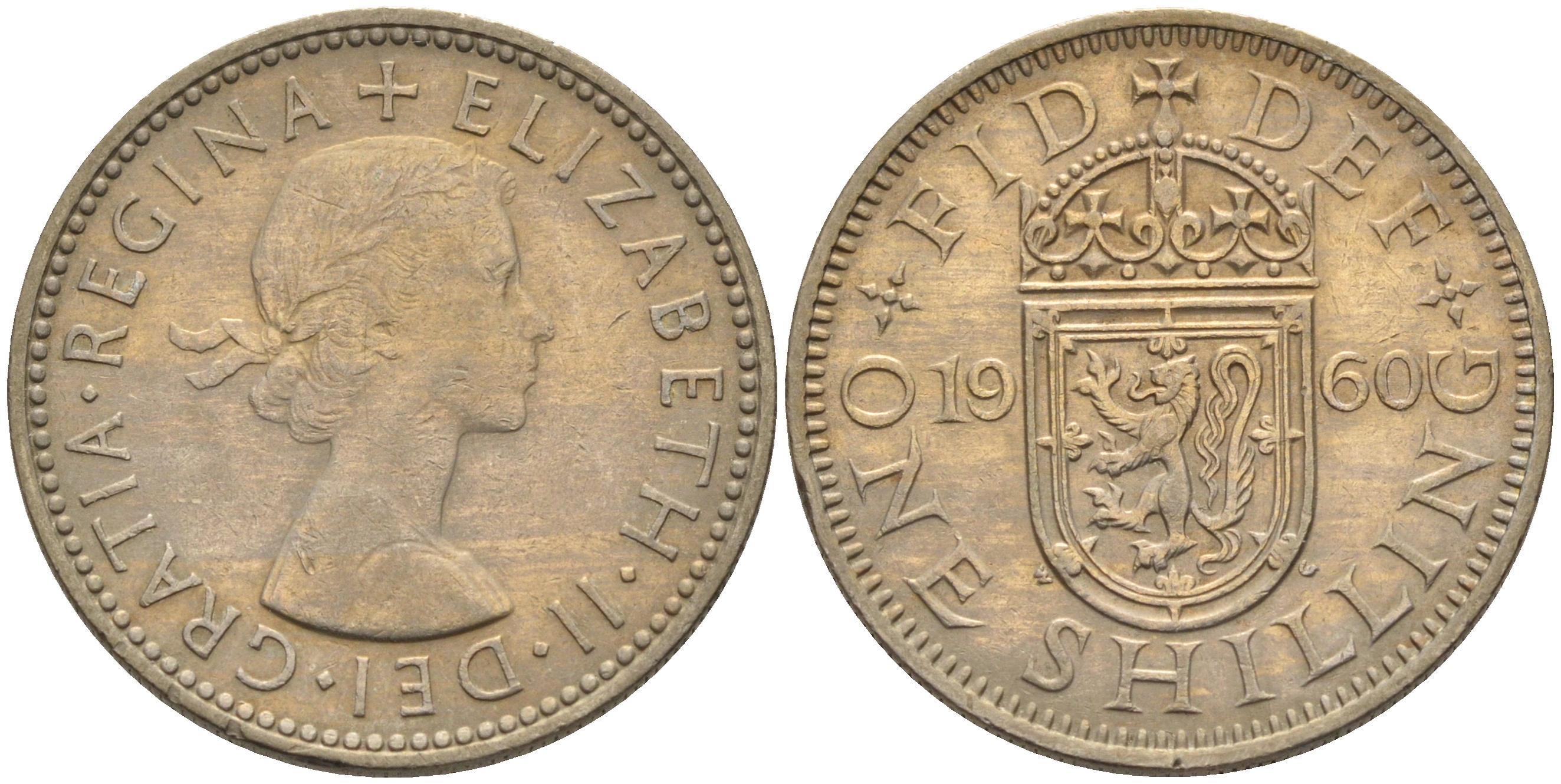 Великобритания 1 шиллинг 1960 Елизавета II (1952-2022), Шотландский герб KM 905, Spink 4148 медно-никель 4591-647