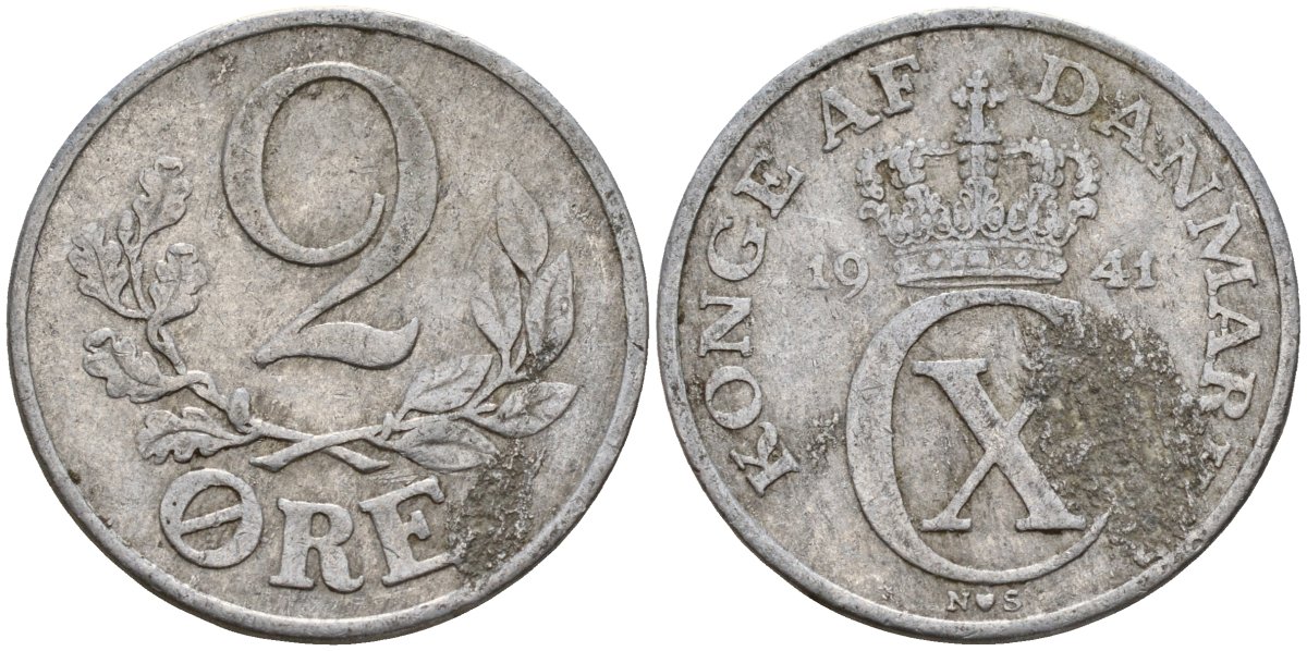 Дания 2 эре 1941 N; S, Кристиан X (1912-1947) KM 833 алюминий 4189-736