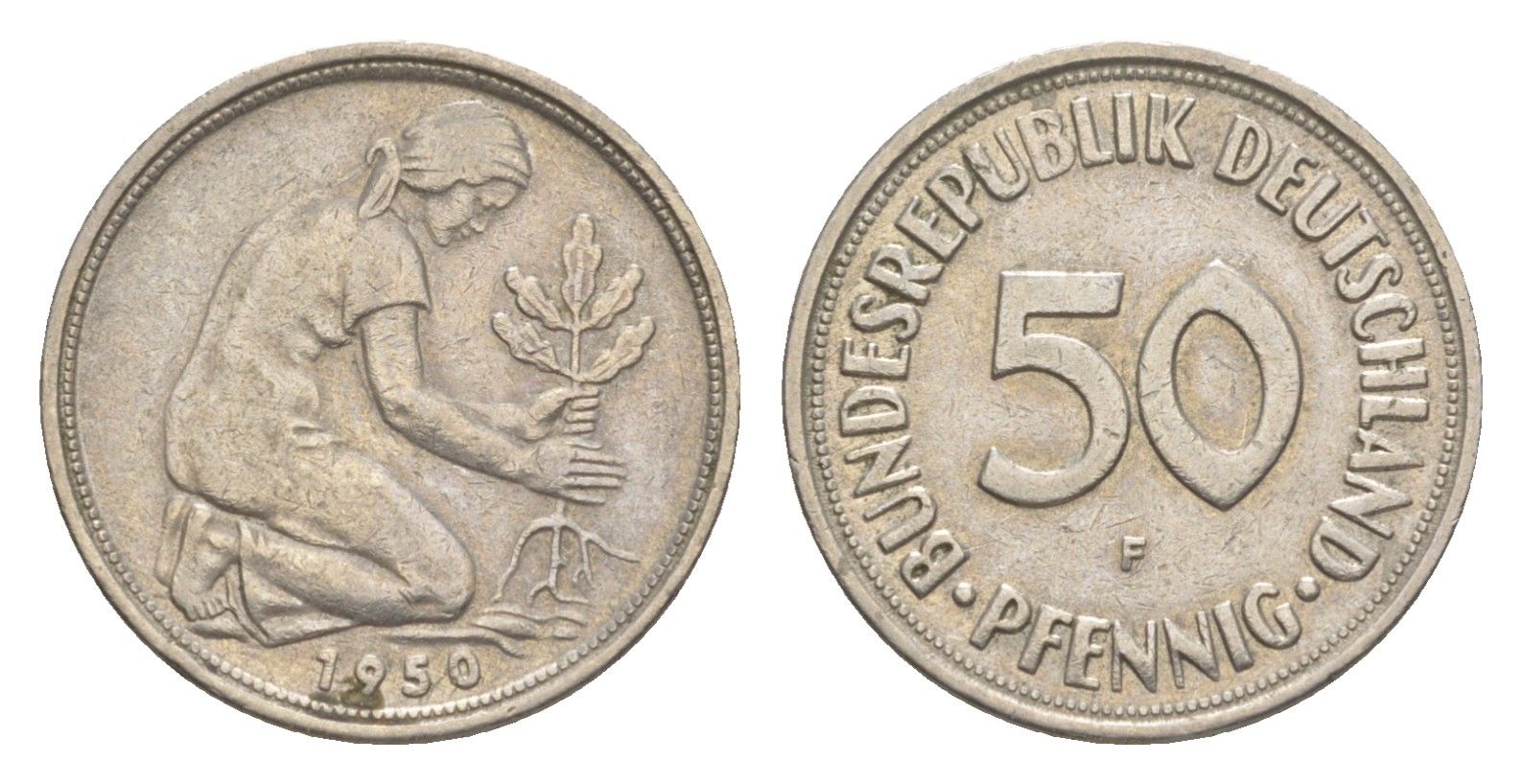 ФРГ 50 пфеннигов 1950 F KM 109.1, J. 384 медно-никель 4636-841
