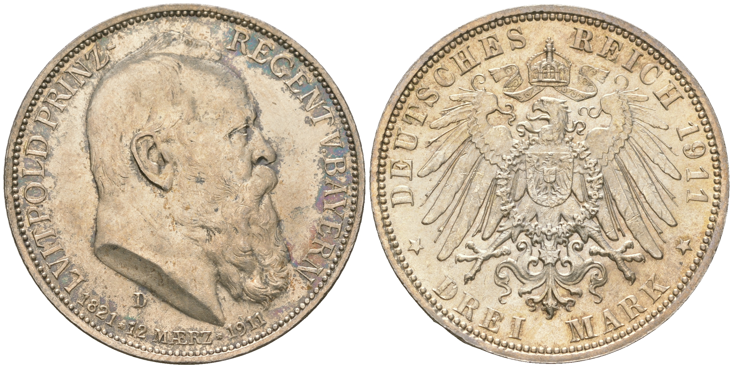 Бавария 3 марки 1911 D, 90 лет принц-регенту Баварии Луитпольду Weege 49, J. 49, KM 517 серебро 00-901-11