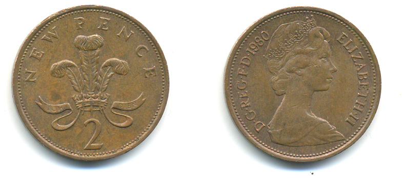 Великобритания 2 пенса 1980 Елизавета II (1952-2022) KM 916, Spink 4235 (C1) бронза 177-823