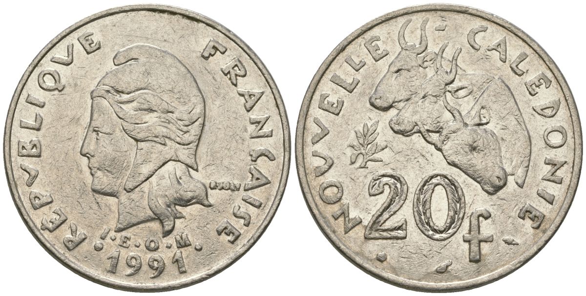 Французская Новая Каледония 20 франков 1991 три быка, (IEOM) KM 12, Schoen 14, Lec 114 никель 81-135