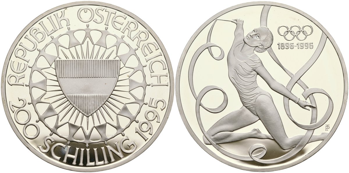 Австрия 200 шиллингов 1995 100 лет Олимпийским играм, гимнастика KM 3026 серебро PROOF 02-222-21