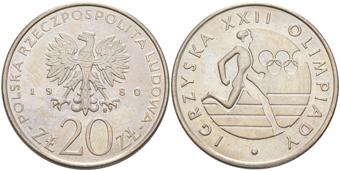 Польша 20 злотых 1980 MW, XXII летние Олимпийские Игры, Москва 1980, бегун KM 108, Parchimowicz 252 медно-никель UNC 73-416