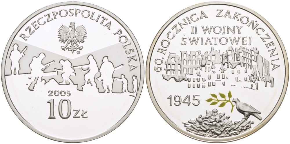 Польша 10 злотых 2005 MW, 60 лет окончания Второй мировой войны, голубь мира, цветная эмаль KM 554 серебро PROOF 1068-6-63