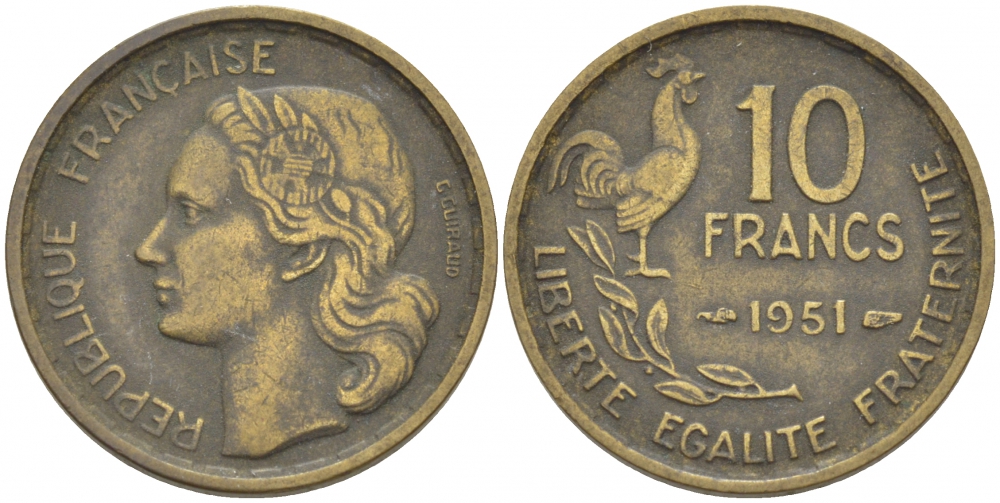Франция 10 франков 1951 петух KM 915.1, Le Franc 363.4 алюминиевая бронза 112-1027