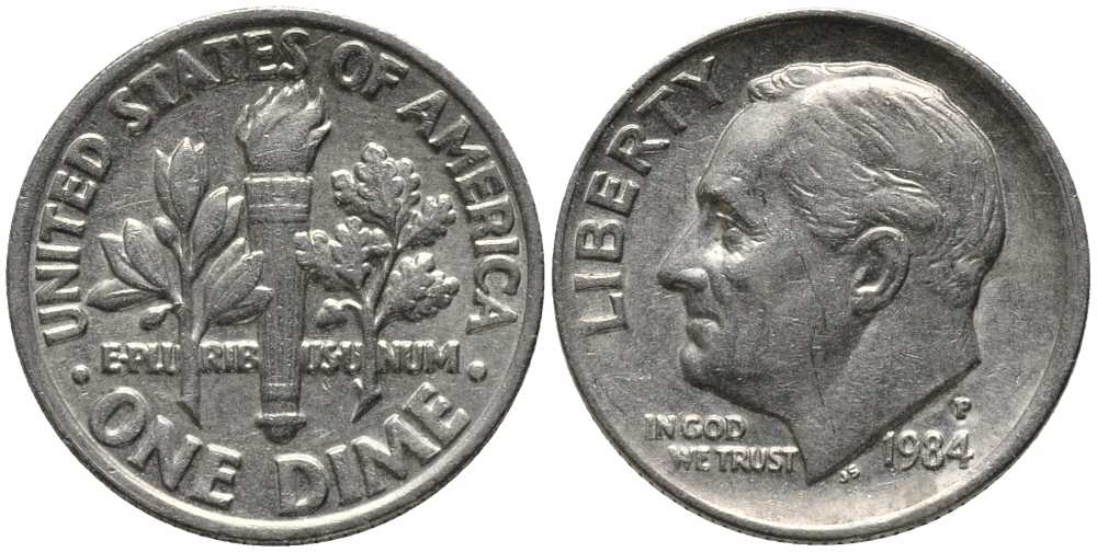 США 10 ЦЕНТОВ = 1 ДАЙМ 1984 Р, РУЗВЕЛЬТ KM 195а медь плакированная медно-никелем 112-653