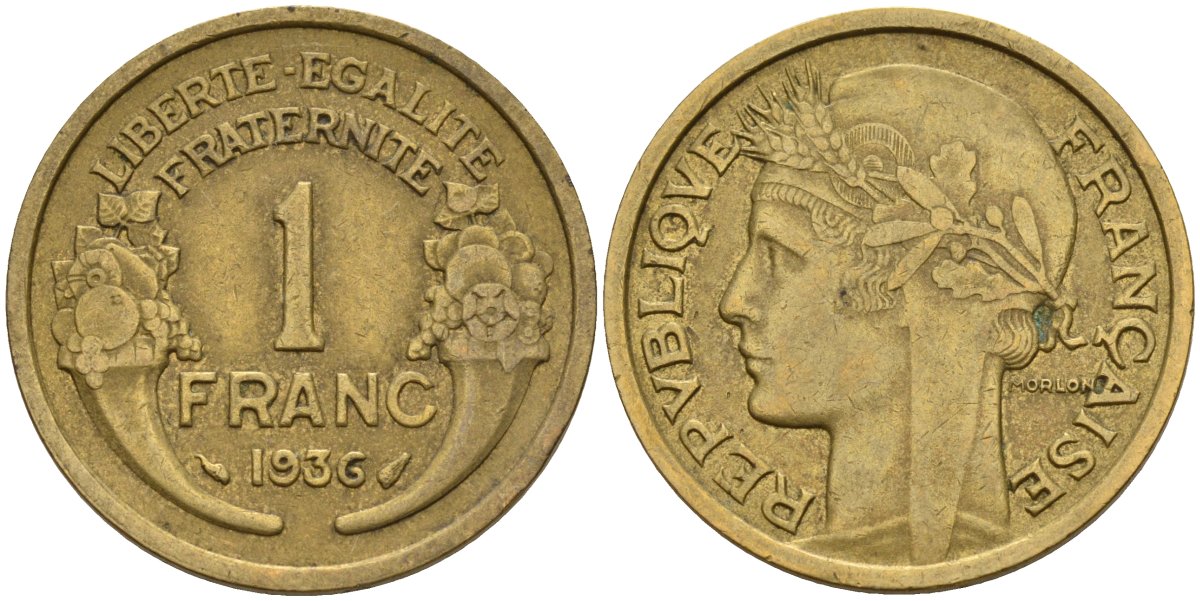 Франция 1 франк 1936 KM 885, Le Franc 219.2 алюминиевая бронза 4142-831
