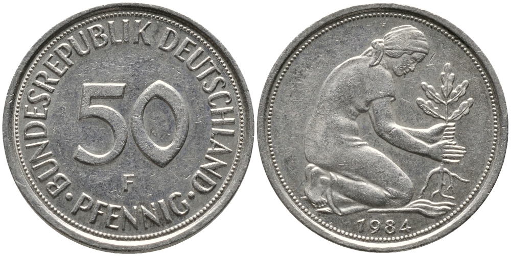 ФРГ 50 ПФЕННИГОВ 1984 F KM 109.2, J. 384 медно-никель 96-1226