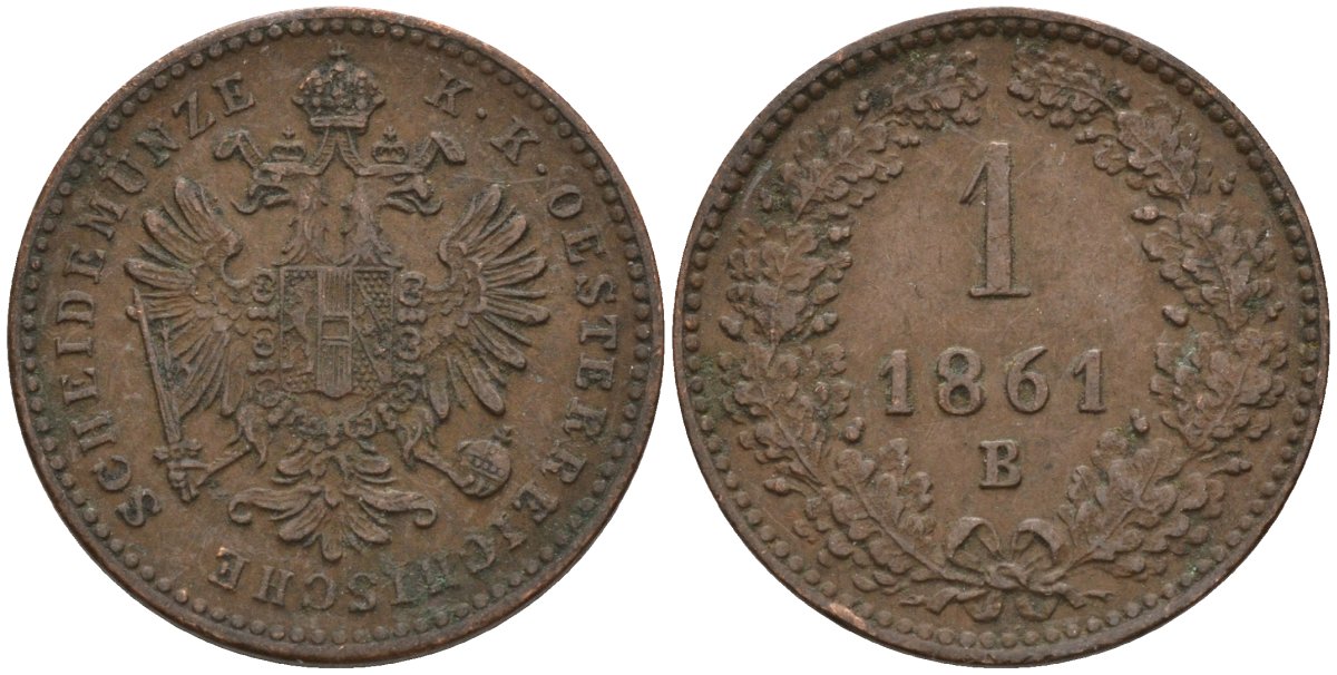 Австрия 1 крейцер 1861 B, Франц Иосиф (1848-1916) KM 2186 медь 4151-1255