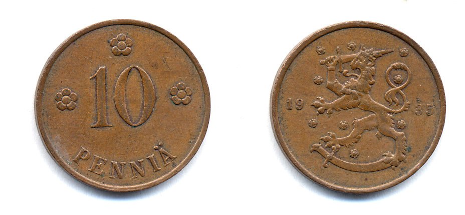 Финляндия 10 пенни 1935 республика (1918-1962) KM 24 медь 51-5454