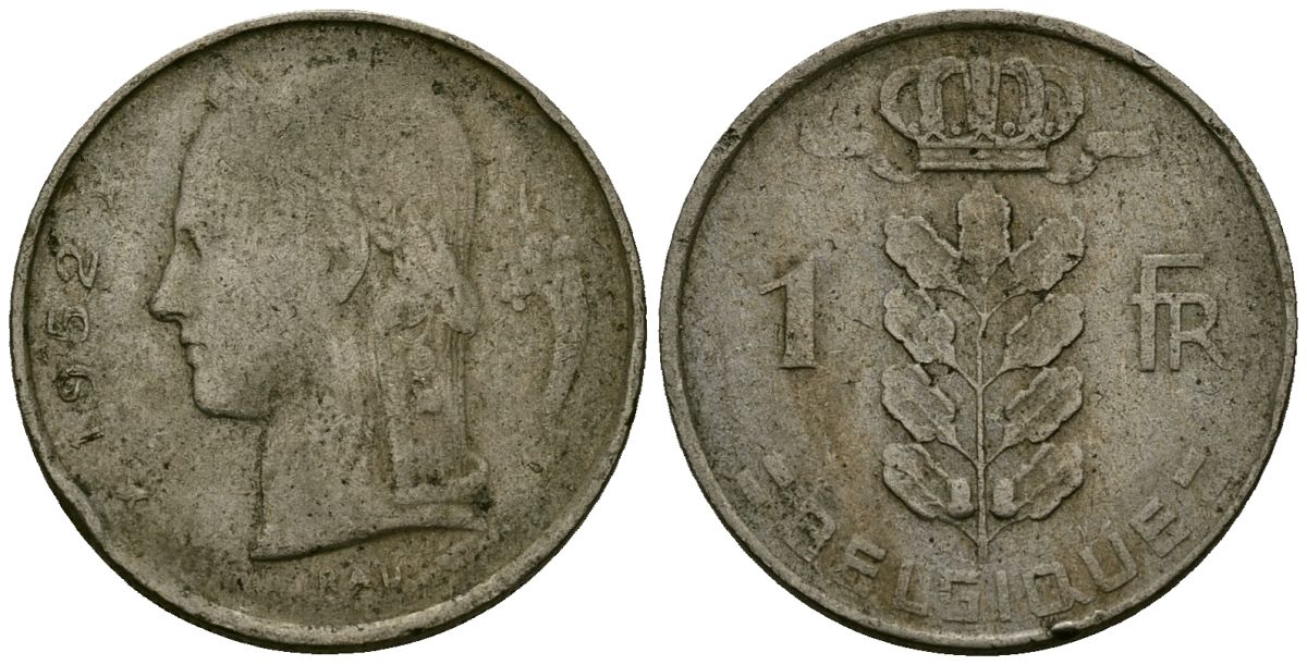 Бельгия 1 франк 1952 Belgique, Бодуэн I (1951-1993) KM 142 медно-никель 4138-227