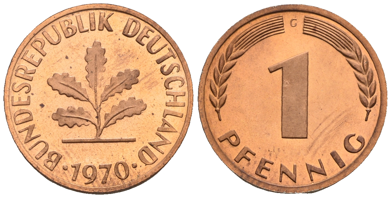 ФРГ 1 пфенниг 1970 G KM 105, J.380 сталь плакированная медью PROOF 1094-7-62