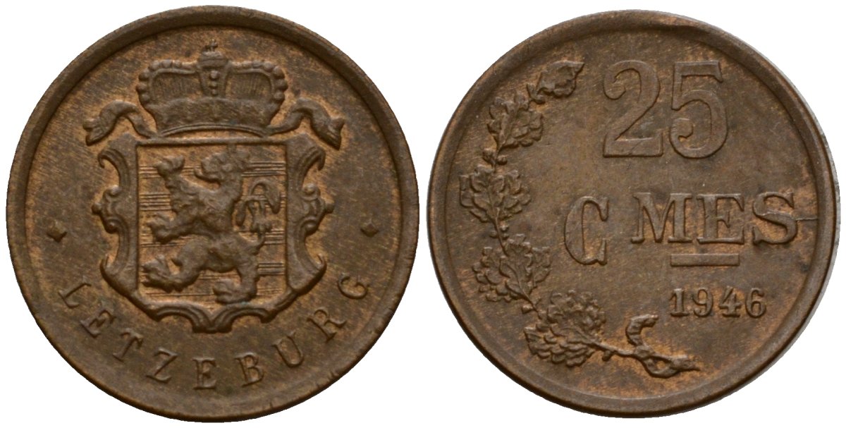 Люксембург 25 сантимов 1946 Шарлотта (1918-1964) KM 45 бронза 4115-1126