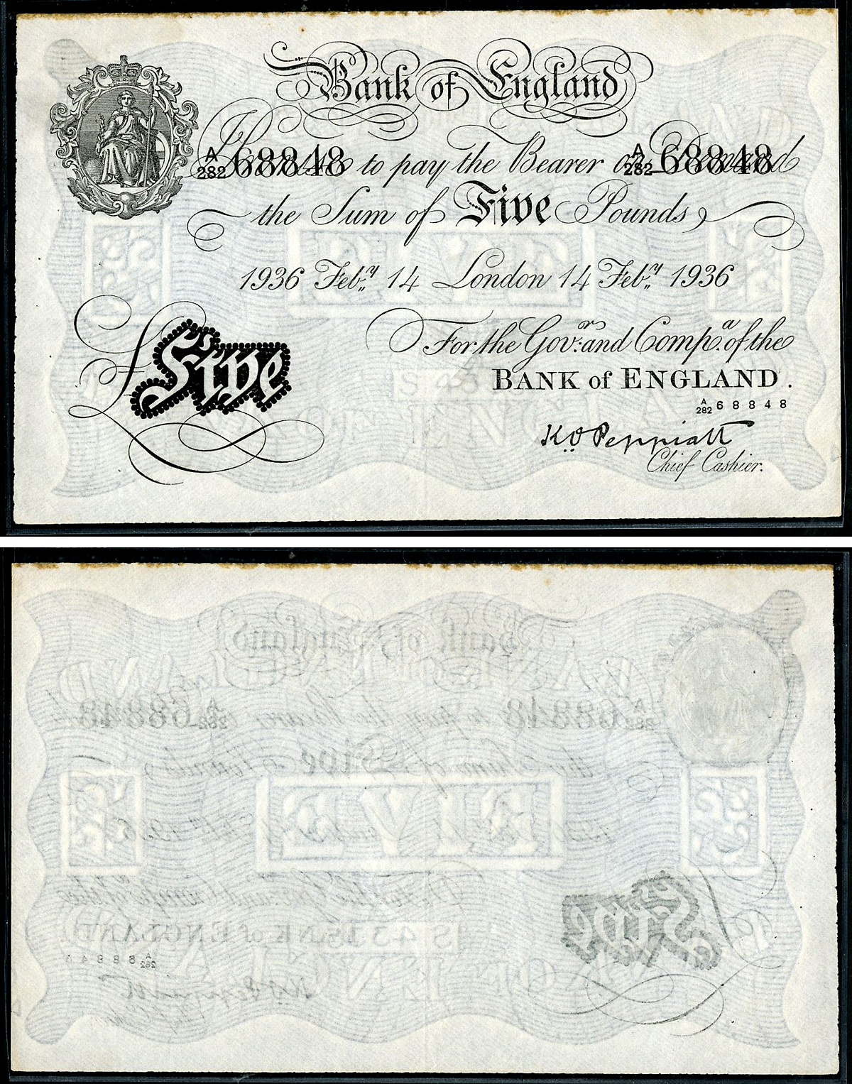 Англия 5 фунтов 1936 Лондон, 15 января, Операция "Бернхард", фальшивка в ущерб денежному обращению PW № RB103, Pick 337 a  бумага   444-10-1-1