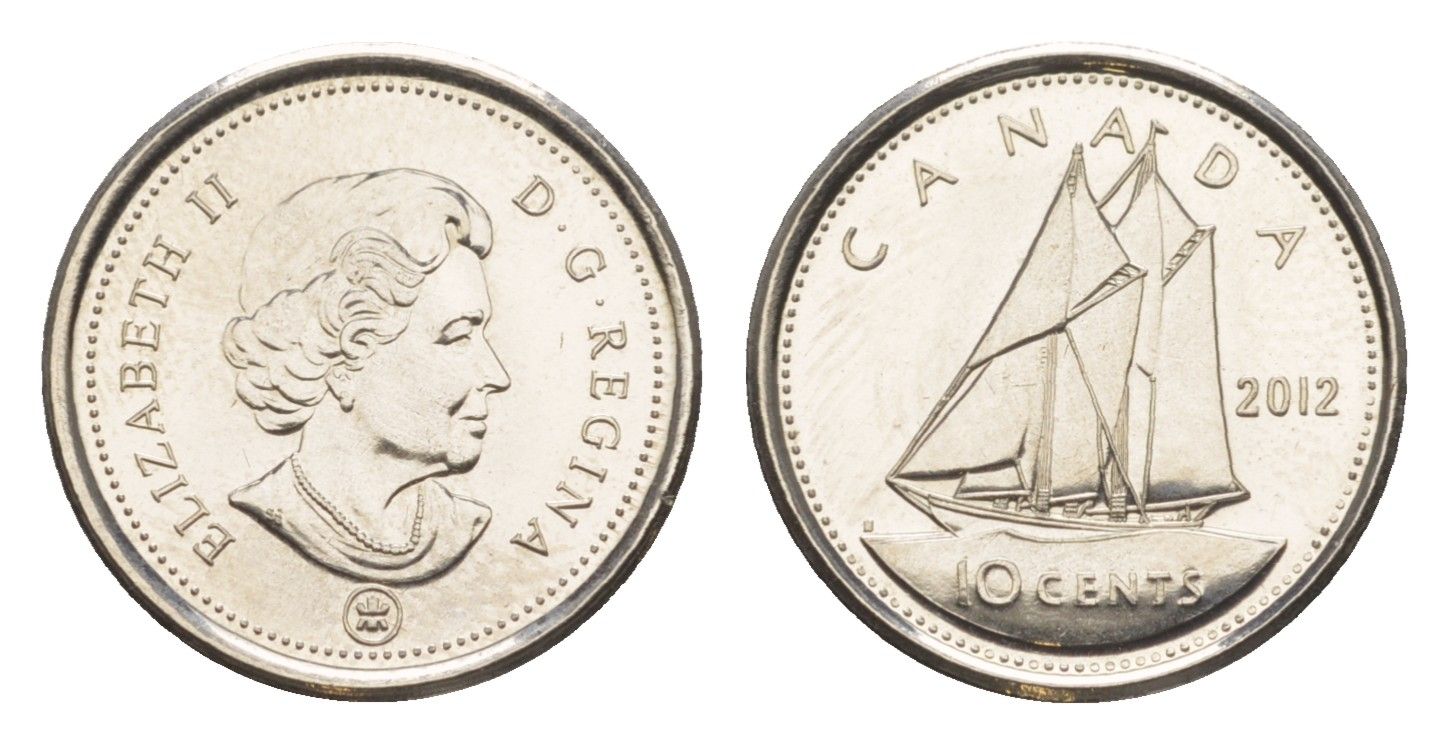 Канада 10 центов 2012 Leaf, Елизавета II (1952-2022), парусник KM 492 сталь плакированная никелем UNC 4636-652