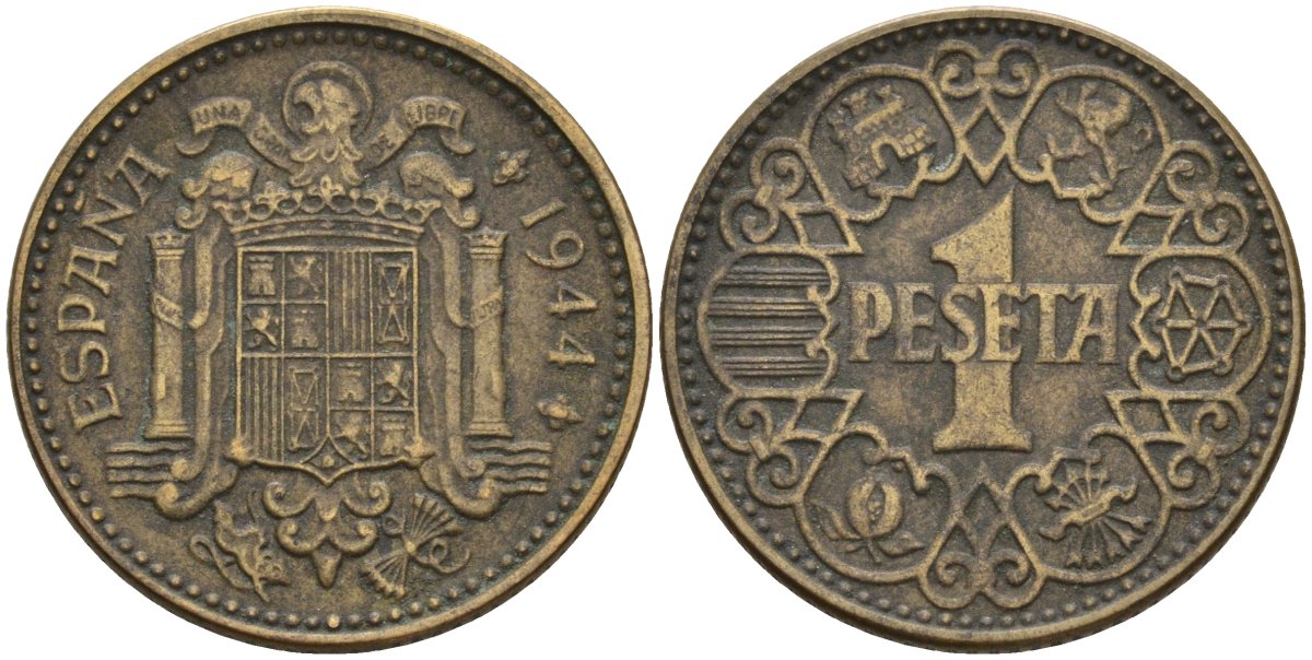 Испания 1 песета 1944 национальное правительство (1939 - 1947) KM 767 алюминиевая бронза 4448-952