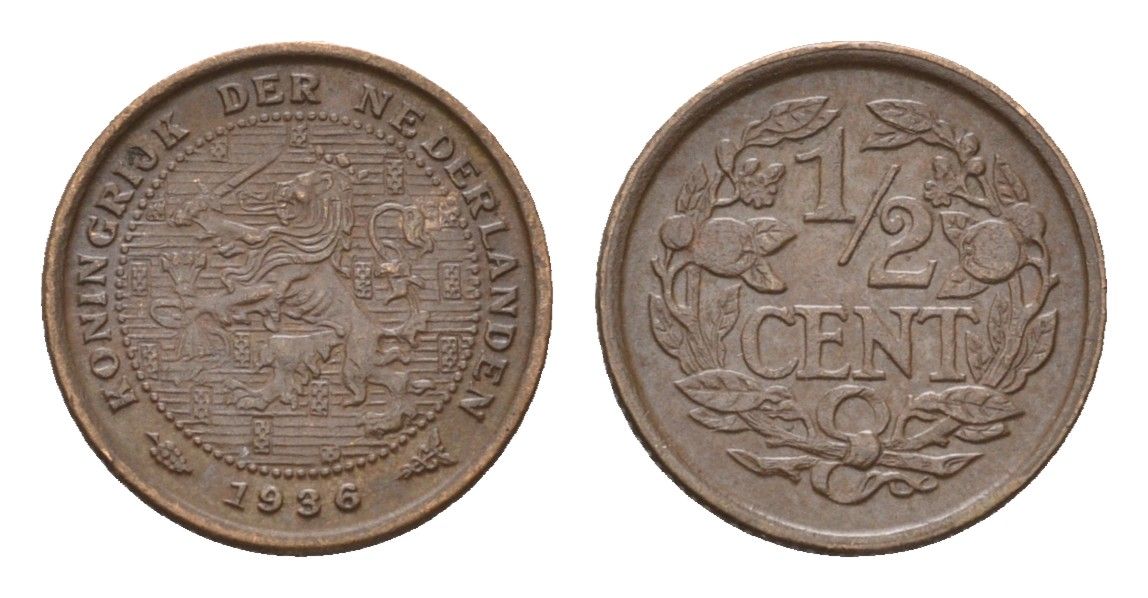 Нидерланды 1/2 цента 1936 Вильгельмина (1890-1948) KM 138 бронза 4674-1114