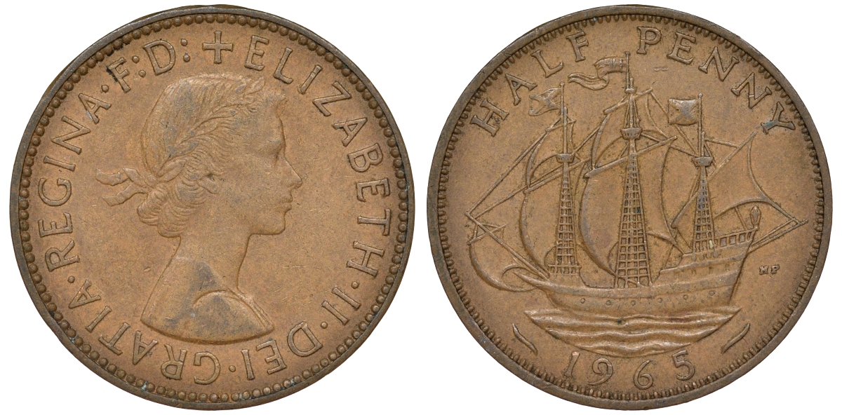 Великобритания 1/2 пенни 1965 Елизавета II (1952-2022) KM 896, Spink 4158 бронза 62-441
