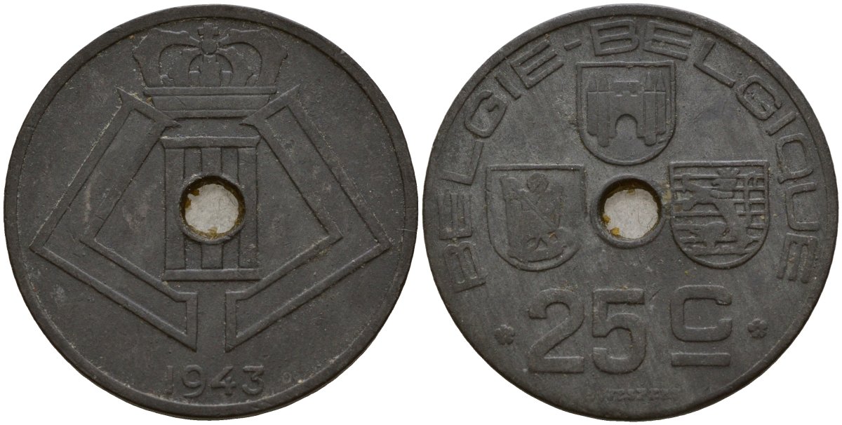 Бельгия 25 сантимов 1943 Belgie - Belgique, Леопольд III (1934-1947), германская оккупация, Вторая мировая война KM 132 цинк 4157-613