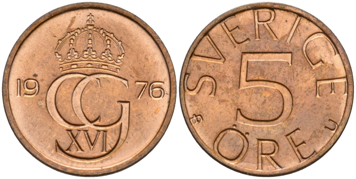 Швеция 5 эре 1976 Карл XVI Густав (1973- ), в лаке KM 849 бронза 4585-318