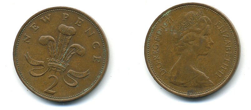 Великобритания 2 пенса 1971 Елизавета II (1952-2022) КМ 916, Spink 4235 (C1) бронза 4110-622