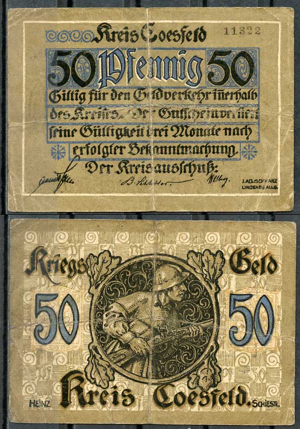 Германия, Косфельд 50 пфеннигов 1918 нотгельд, 5 цифр в номере Tieste 1185.05.02 бумага 444-78-1-2