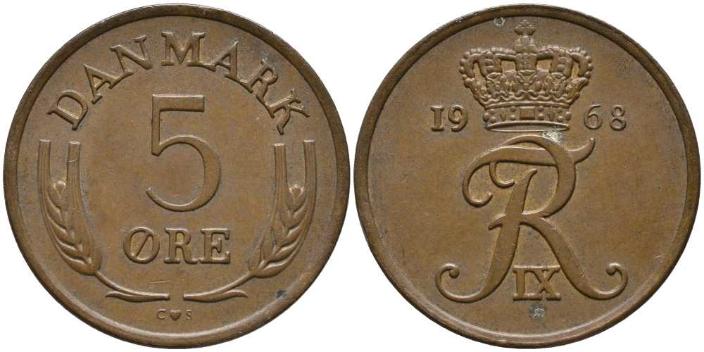 ДАНИЯ 5 ЭРЕ 1968 C; S, ФРЕДЕРИК IX (1947-1972) KM 848.1 бронза 175-711