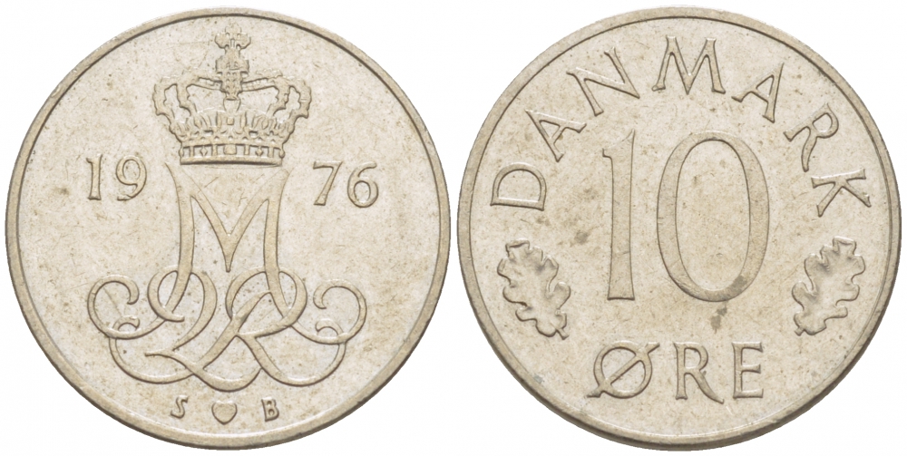Дания 10 эре 1976 S; B, Маргрете II (1972- ) KM 860.1 медно-никель 3309-162