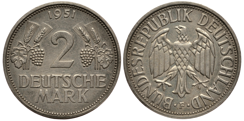 ФРГ 2 марки 1951 F J 386, KM 111 медно-никель плакированный никелем 413-2411